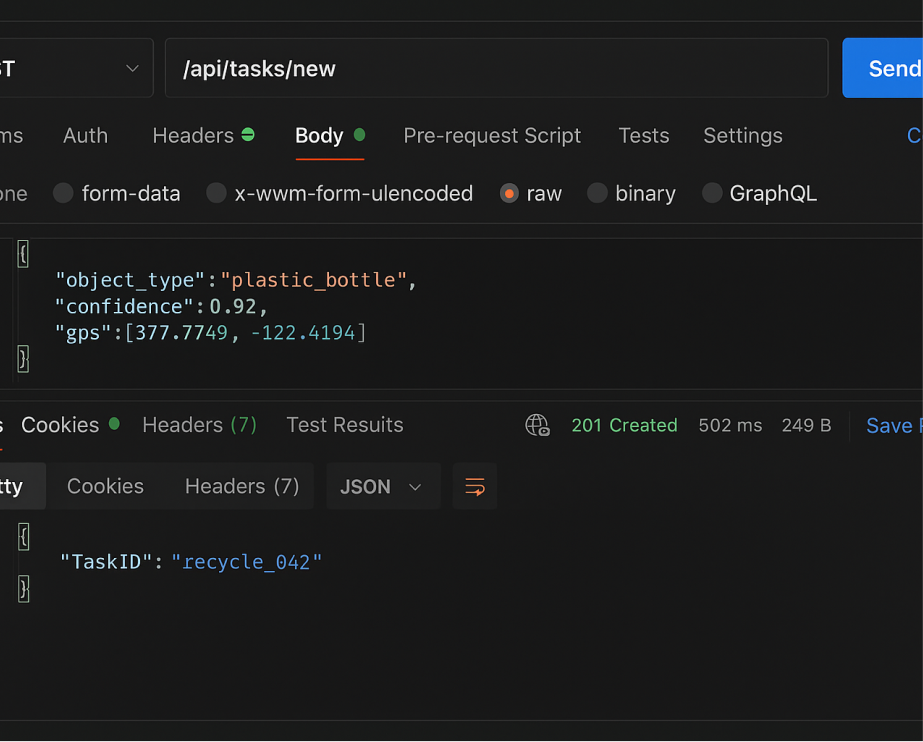 根据塑料瓶识别结果创建任务的 API 请求